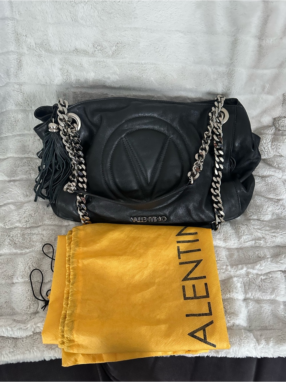Valentino Black Leather Shoulder Bag with Silver Chain